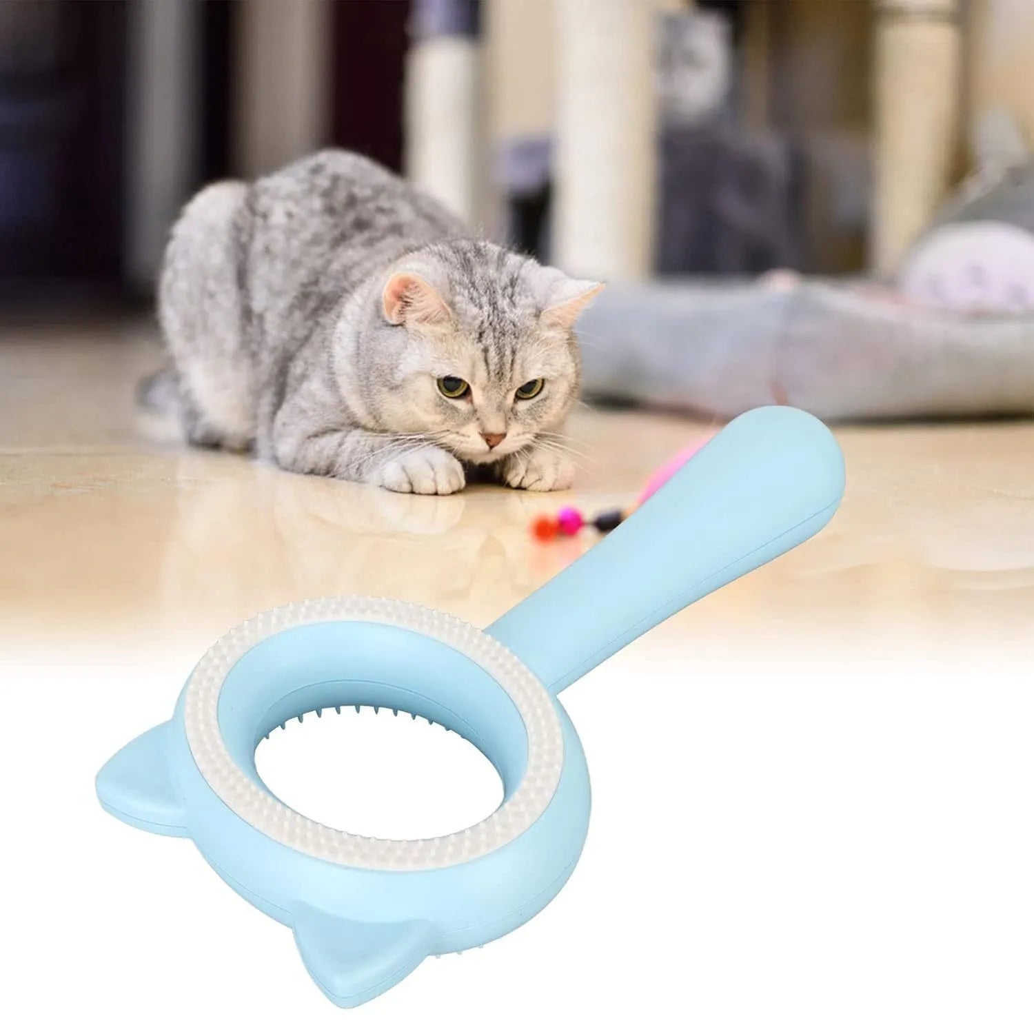 Double-sided pet grooming brush with removable deshedding comb and massage bristles in white colour