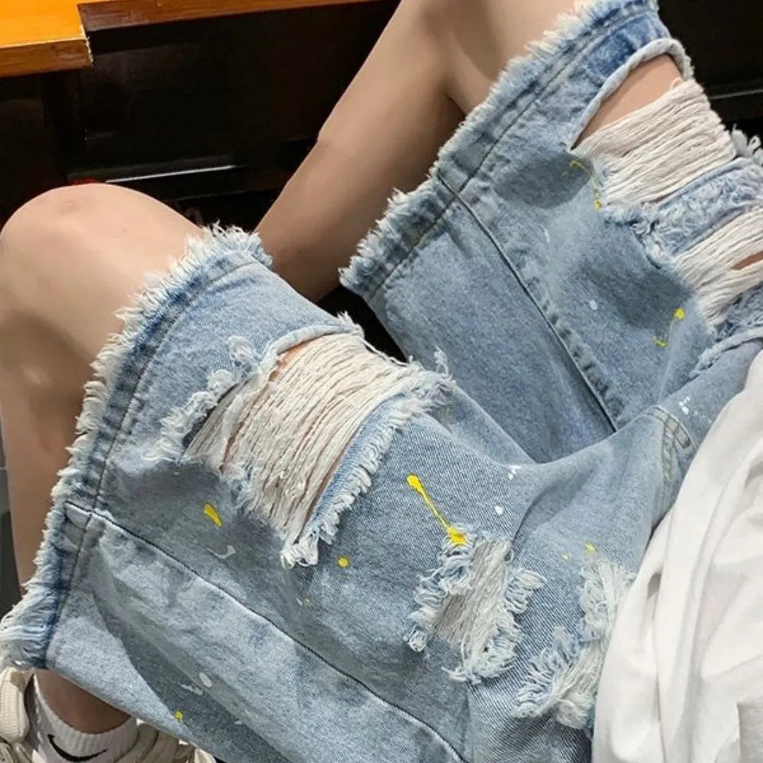 Men's water washed denim shorts with hole distressing in loose street style fit
