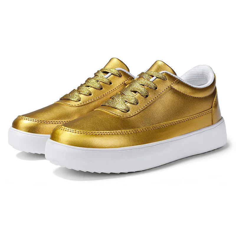 Women's leather lace-up casual flat shoes in gold, silver, and white colour options