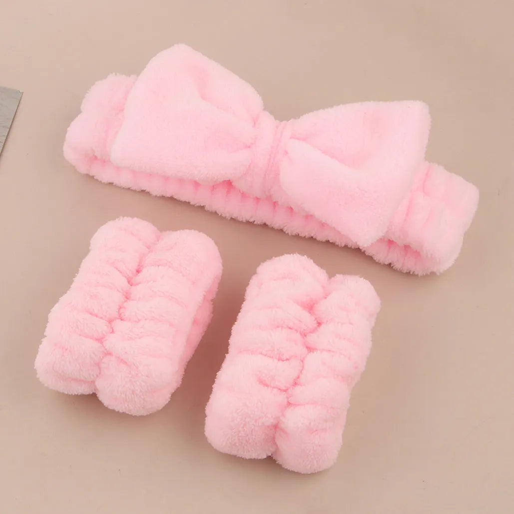 Facial brush and coral fleece hair band set in purple, grey, white or pink colour options