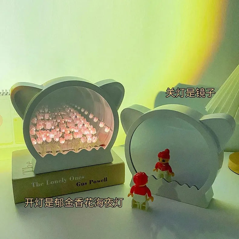 Handmade DIY cat head shaped night lamp decorated with a sea of colourful tulip flowers