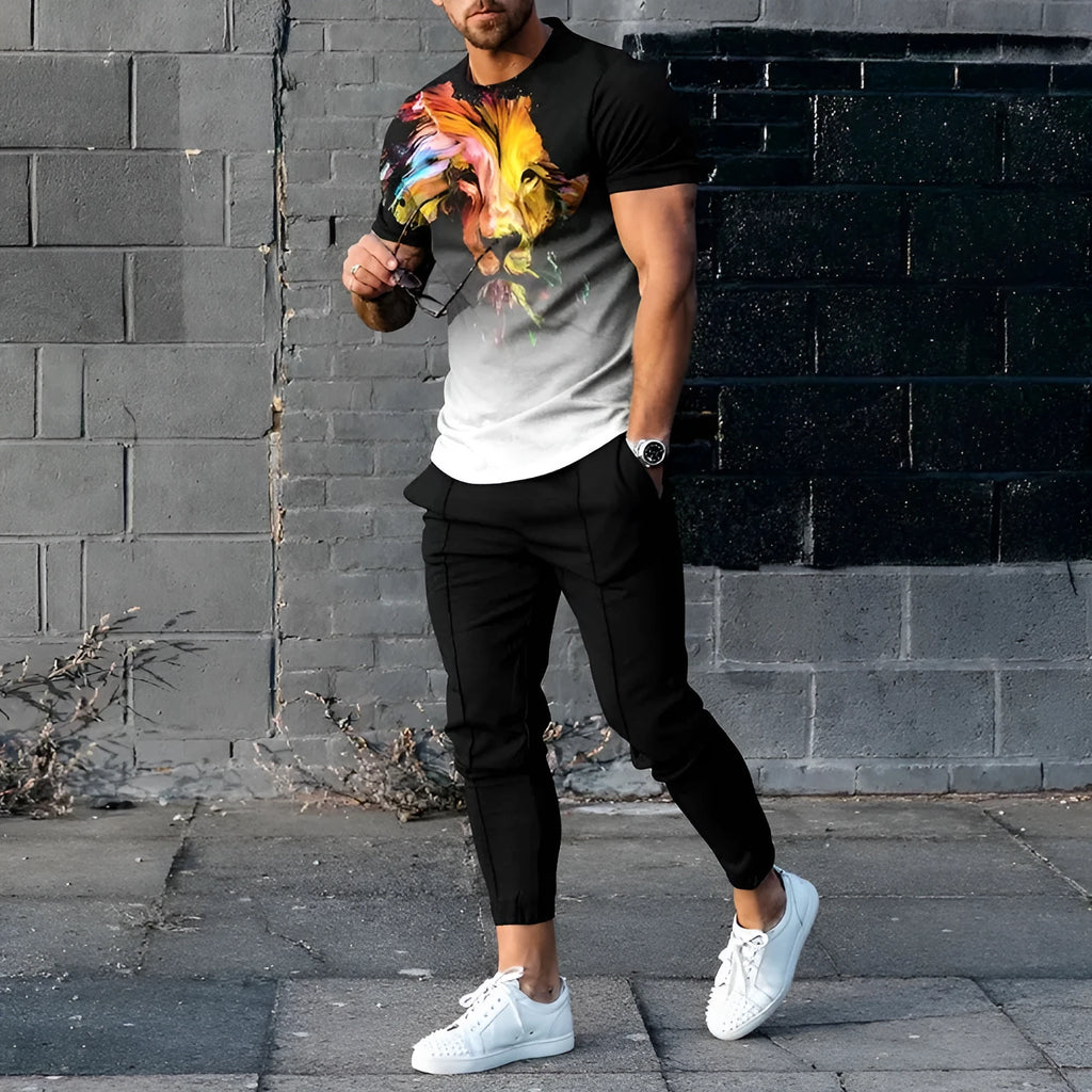 Men's short-sleeved printed sport suit set showing t-shirt and trousers in polyester blend fabric