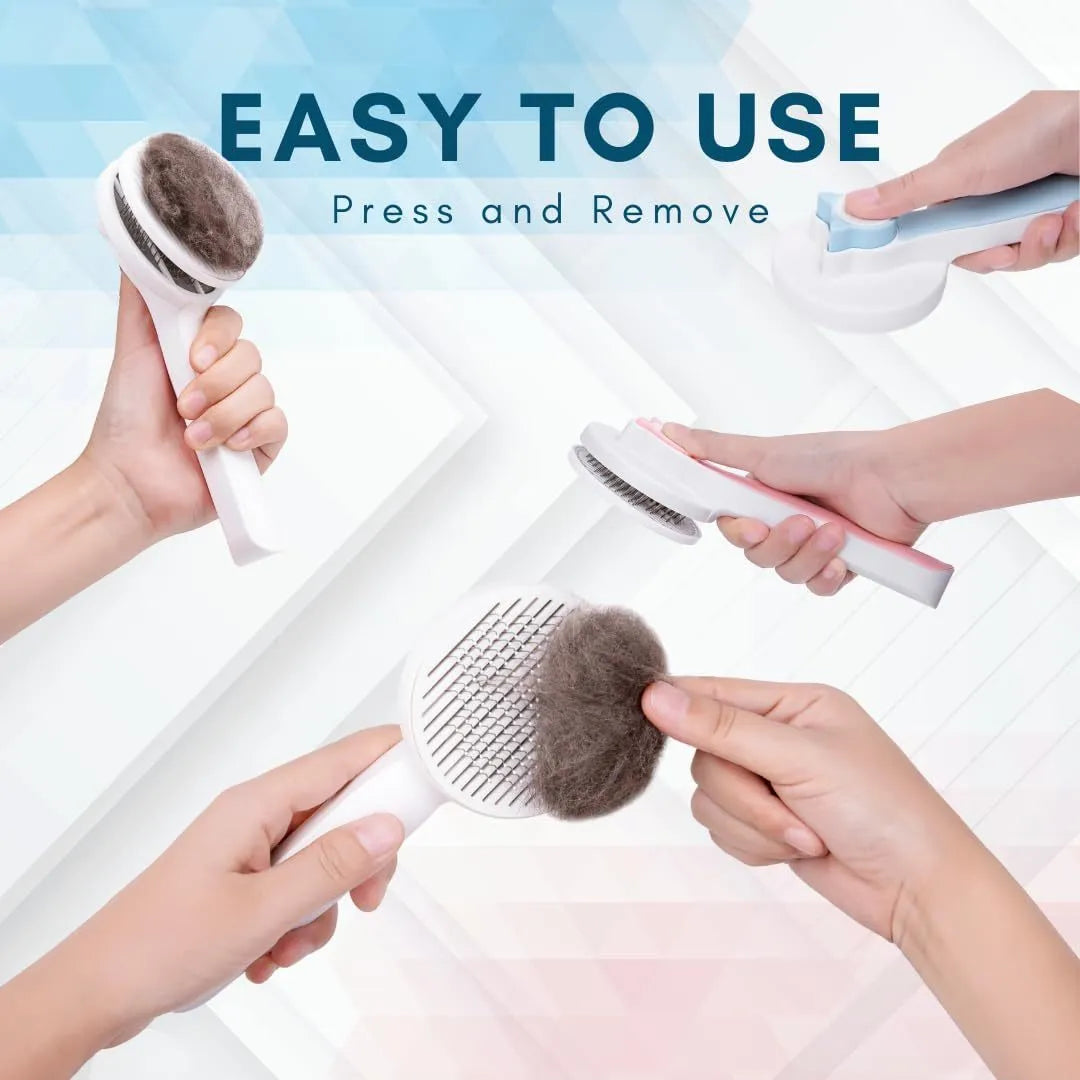 Blue self-cleaning slicker brush for pet grooming with ergonomic rubber handle.
