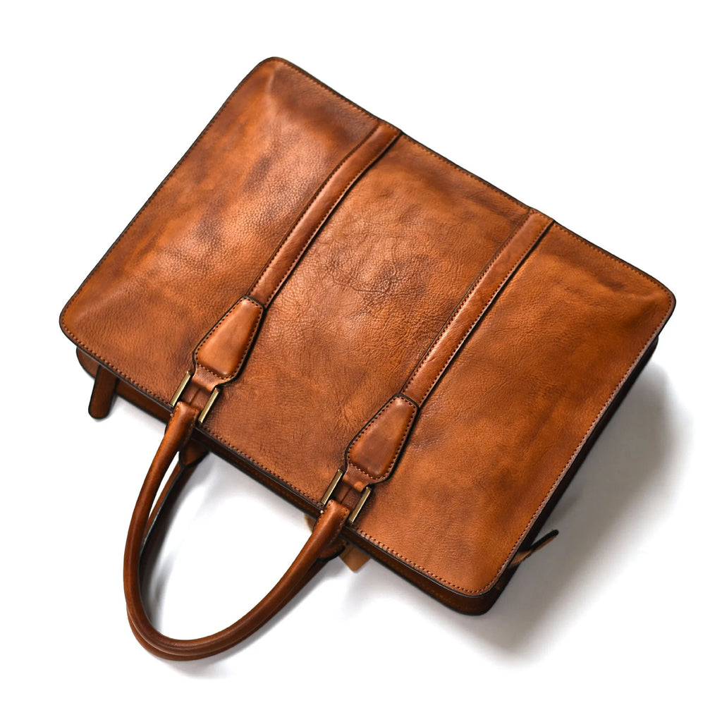 Men's 14-inch vegetable tanned leather business handbag in horizontal square design