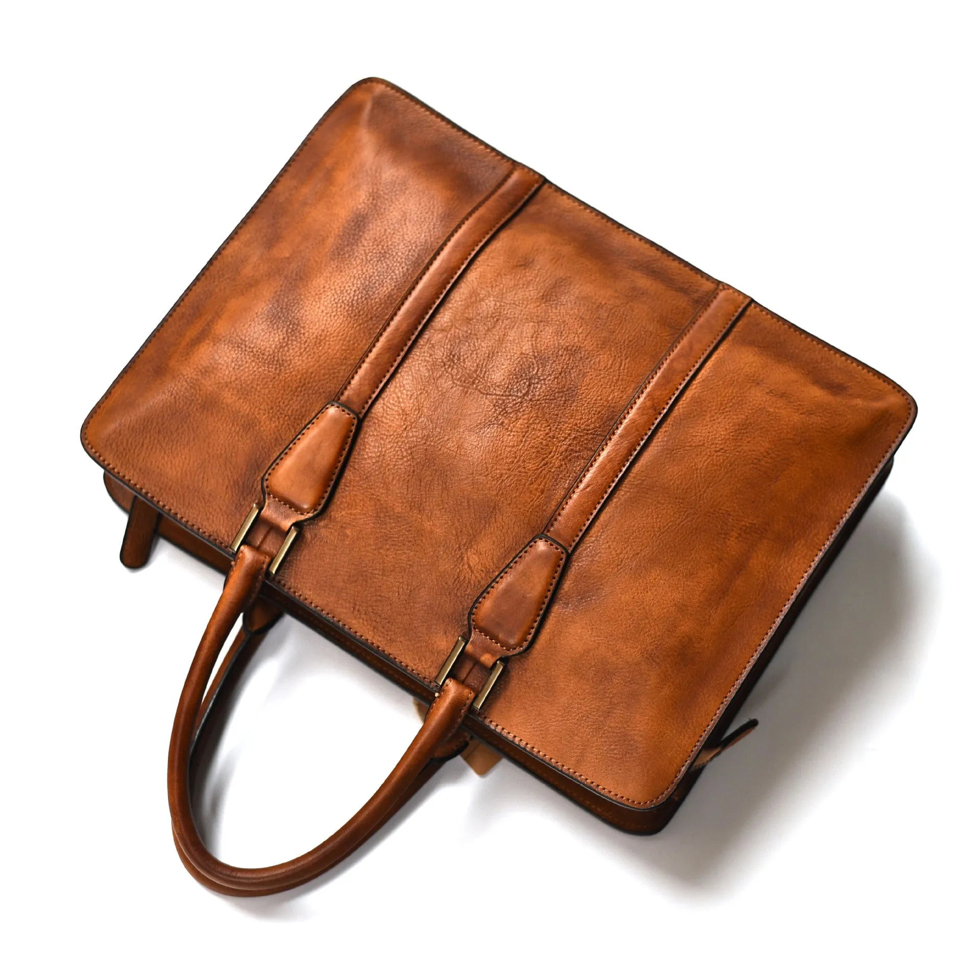 Men's 14-inch vegetable tanned leather business handbag in horizontal square design