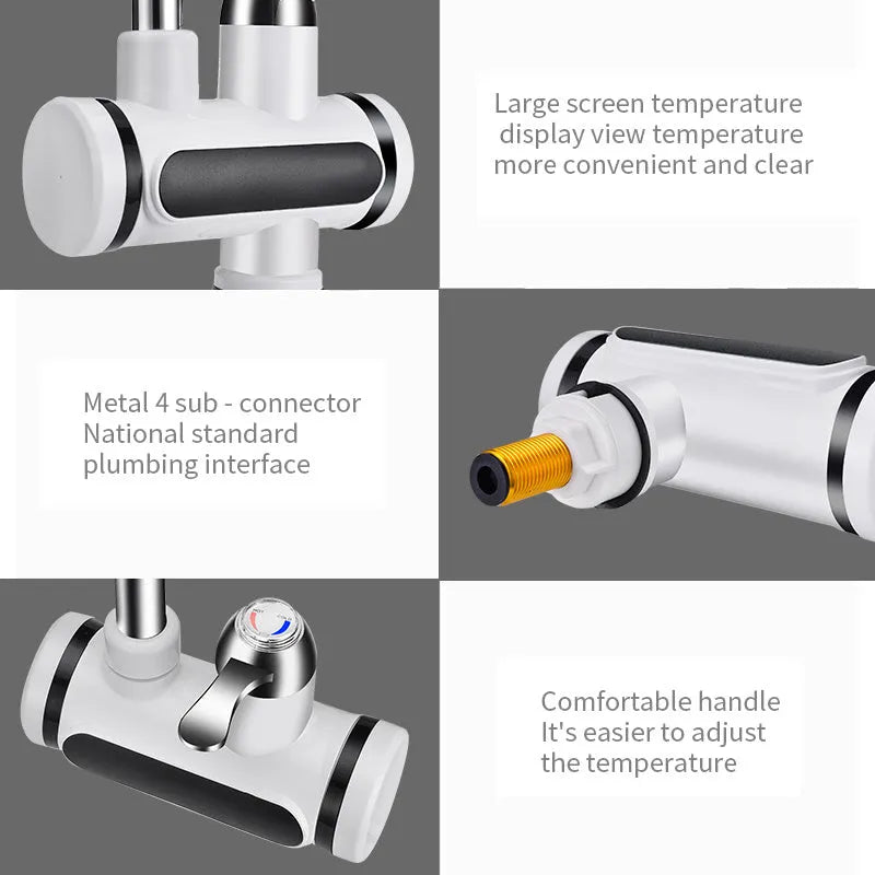 White electric water heater tap with digital temperature display showing instant hot water capability
