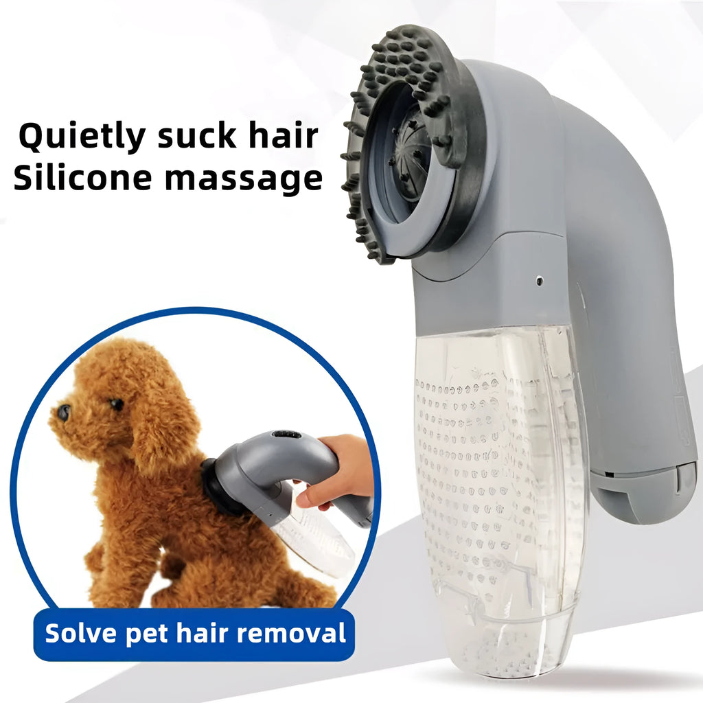 Grey handheld electric pet hair remover and massaging brush with soft rubber head.