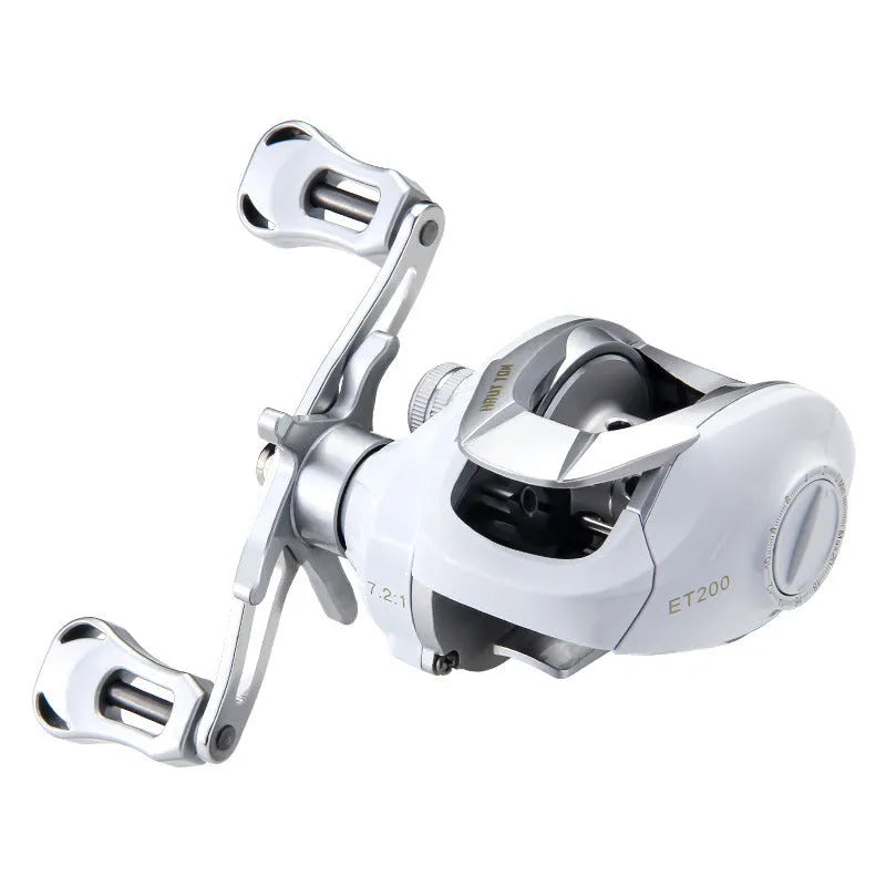 Small white micro baitcasting fishing reel with drip wheel, shown on a neutral background.