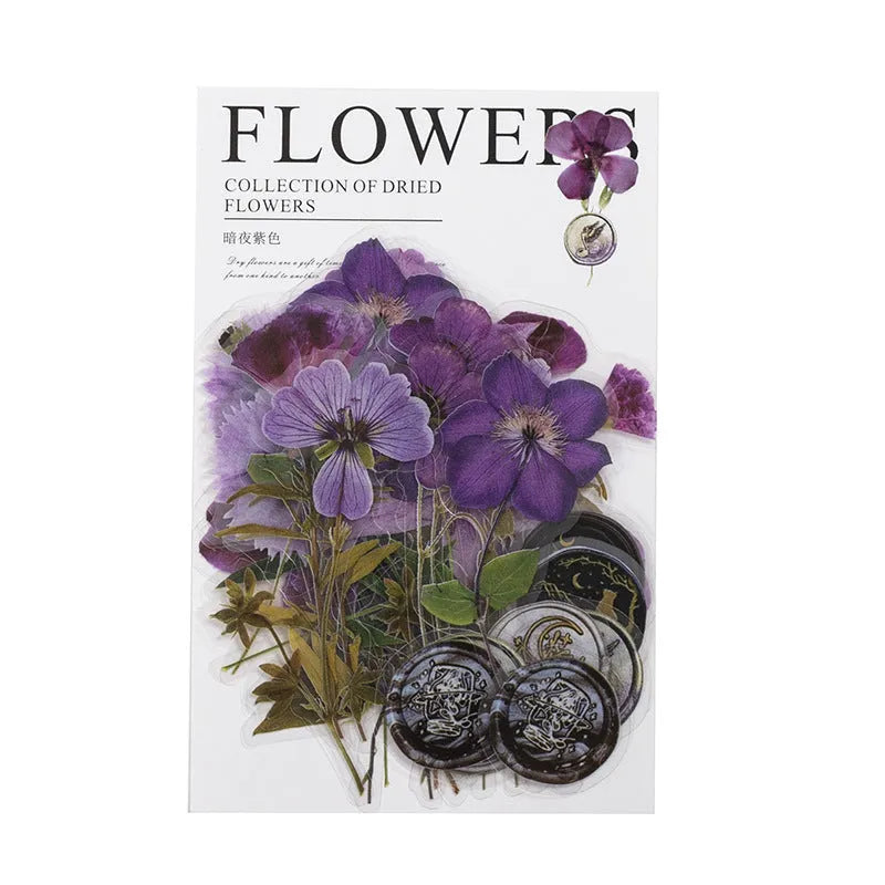 Dried flowers journal decoration stickers in eight colour themes including Dark Night Purple and rose nebula