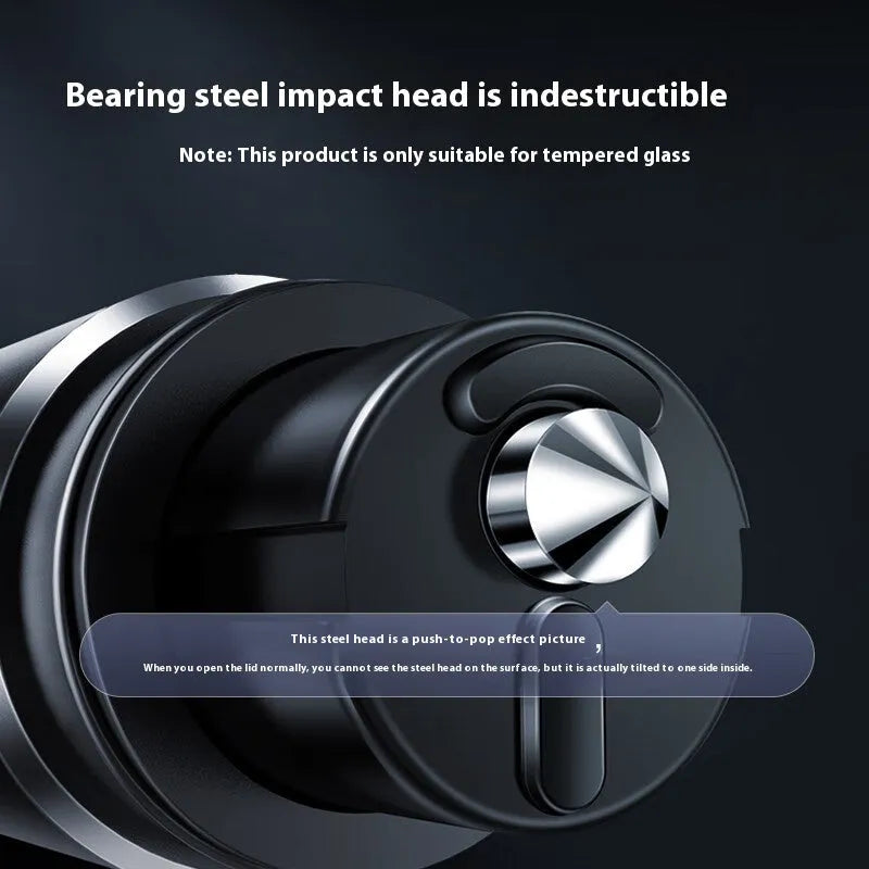 Gun grey aluminium alloy car safety hammer measuring 87mm with seatbelt cutter and test glass