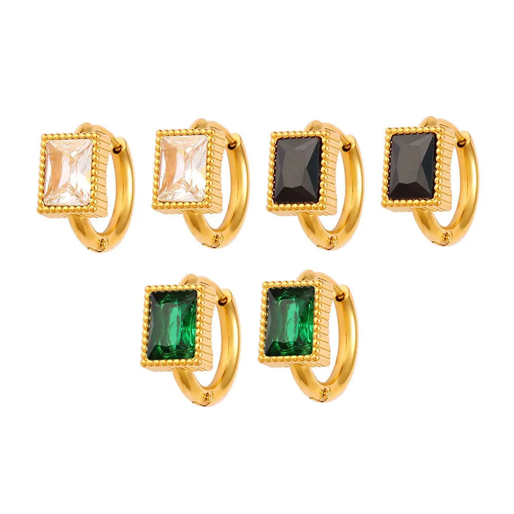 Geometric stainless steel earrings with square zircon stones in white, black, or green colour options