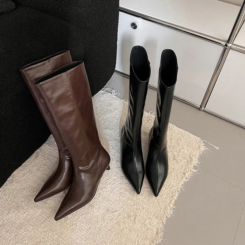 Women's pointed toe mid heel cowhide boots in brown or black, sizes 34-39, beef tendon sole