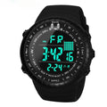 Black waterproof digital watch with WR50M rating and adjustable PU strap on wrist