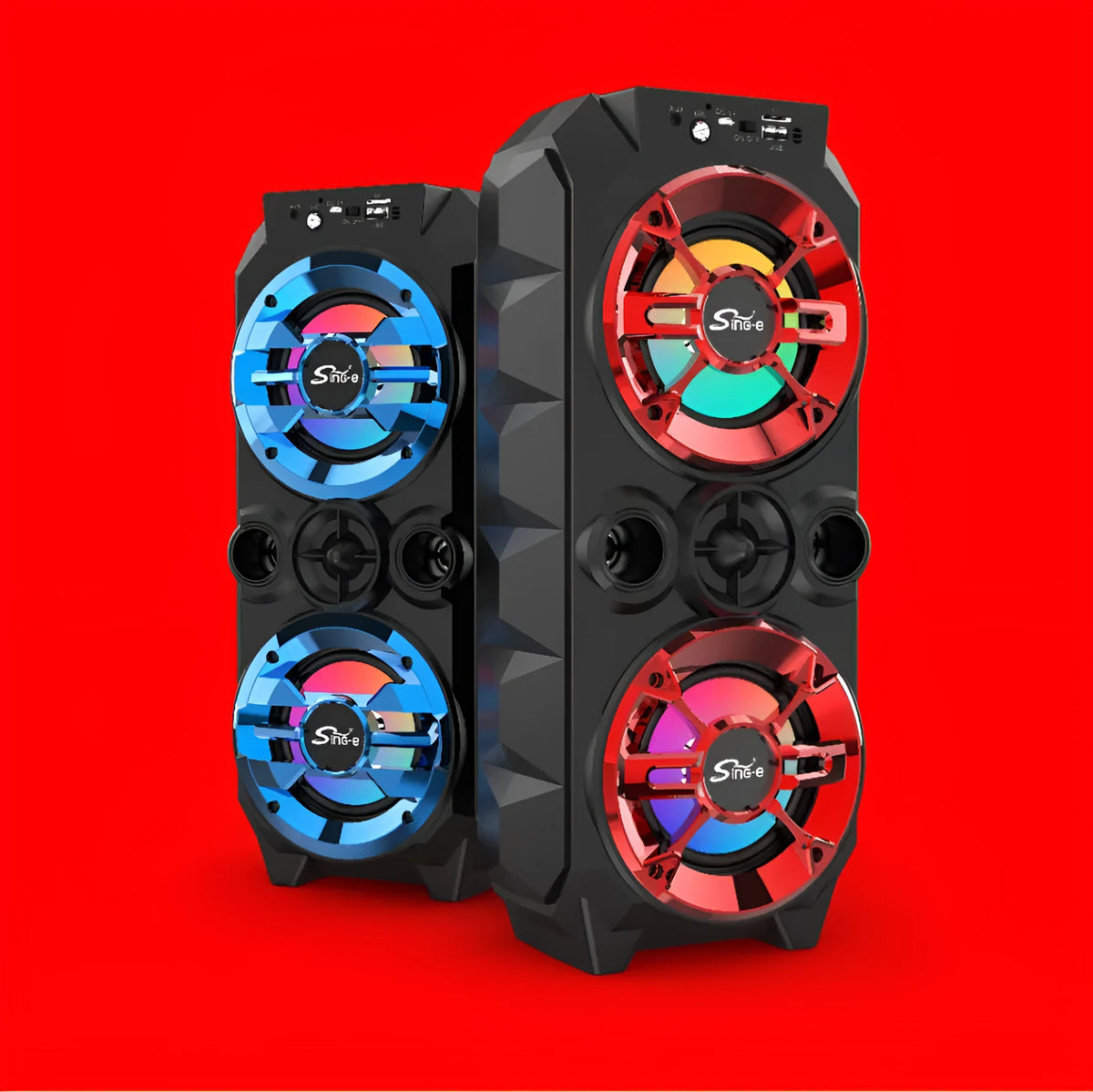 Portable Bluetooth speaker with pull rod, colourful lights, USB rechargeable, available in blue, red, and silver grey