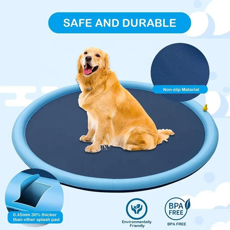 Large blue PVC dog splash pad with anti-slip texture for outdoor water play.