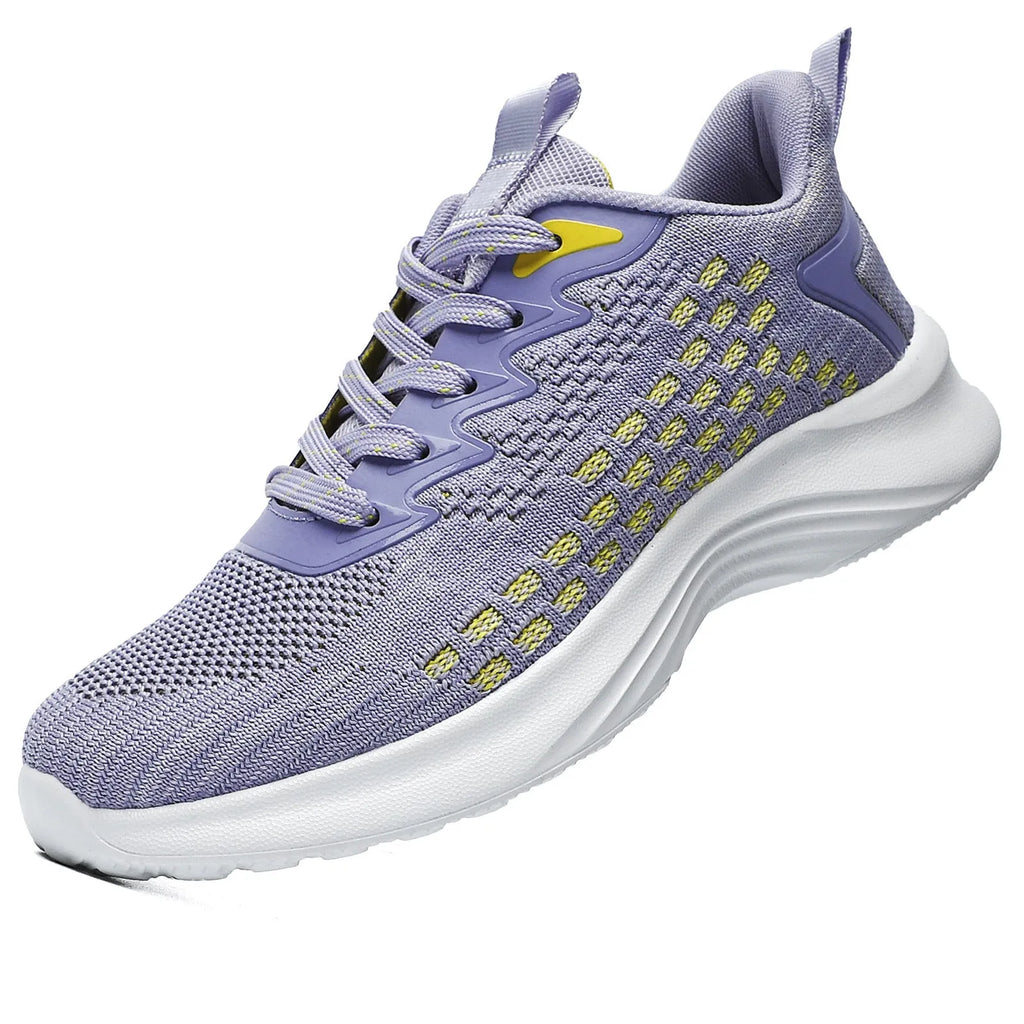 Women's lavender purple Flyknit running shoes with striped pattern and mesh upper on a white background.