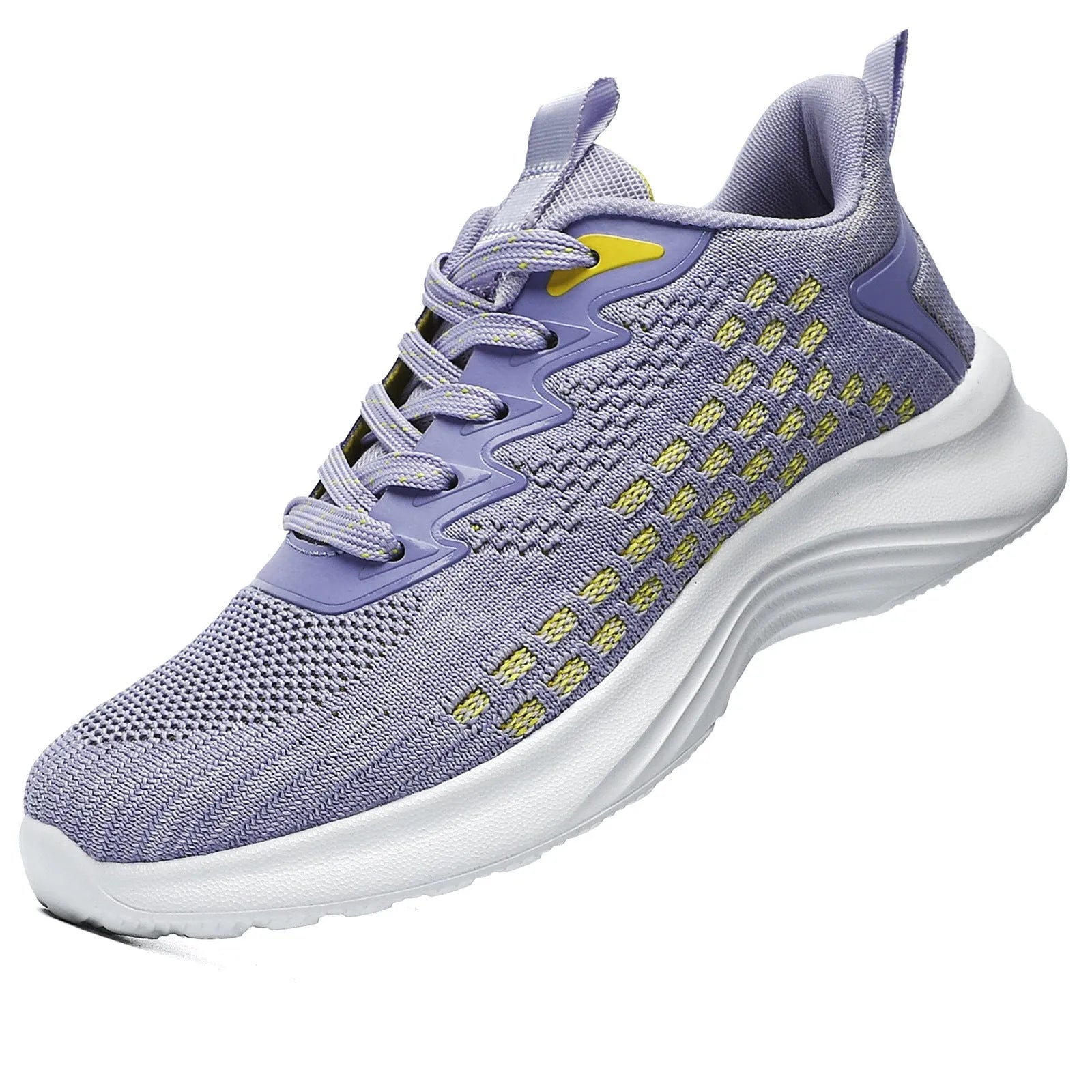 Women's lavender purple Flyknit running shoes with striped pattern and mesh upper on a white background.