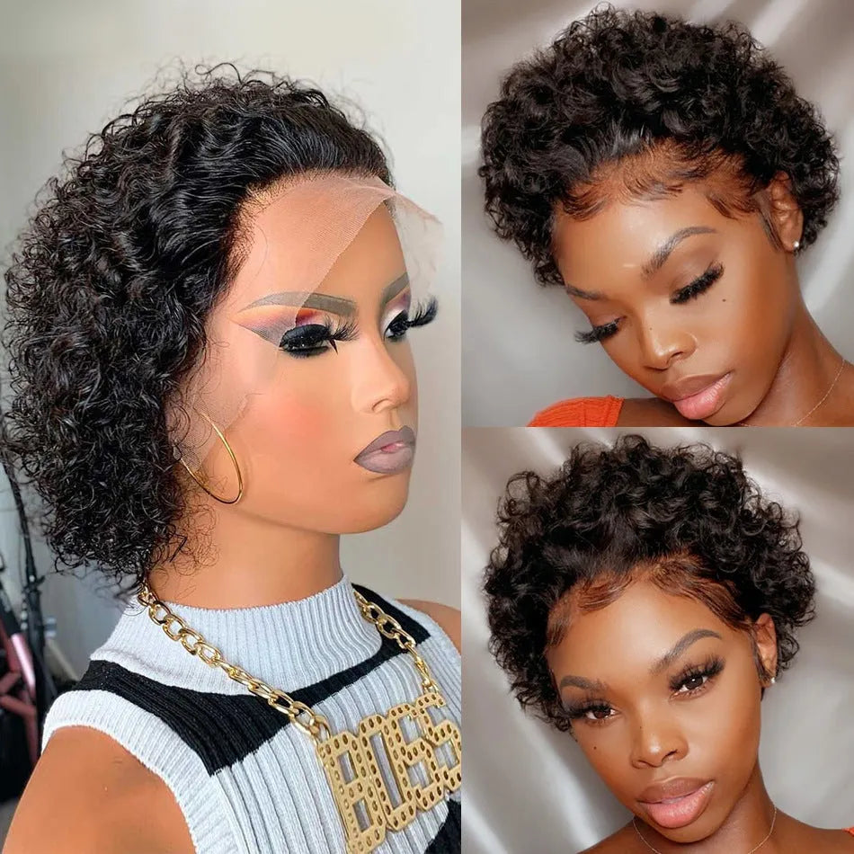 Black human hair wig with lace cover in pixie cut style, 13x1 colour
