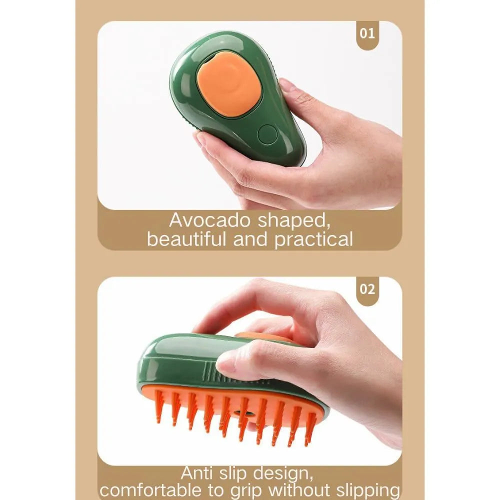 Green and white rechargeable cat steam brush with water spray and silicone grooming teeth