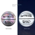 No. 7 size basketball with holographic reflective and fluorescent details on PU leather surface.