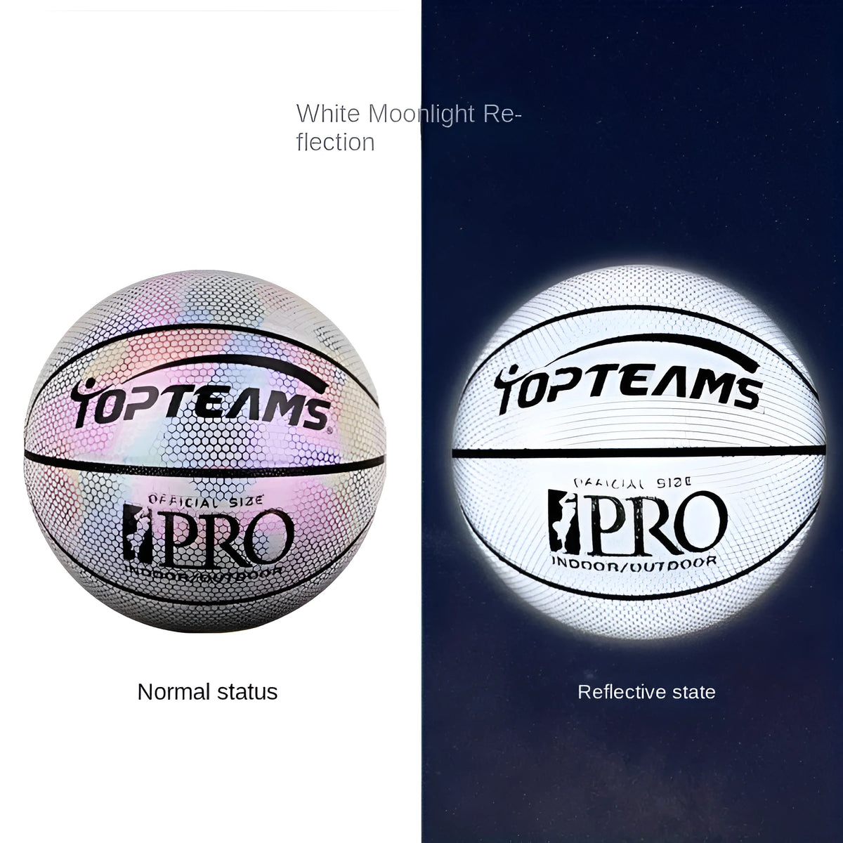 No. 7 size basketball with holographic reflective and fluorescent details on PU leather surface.