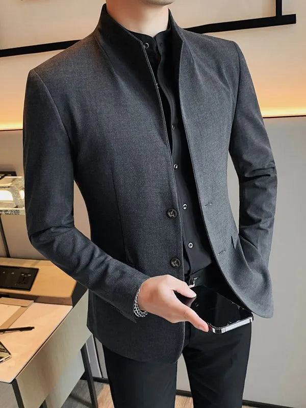 Slim fit men's casual autumn jacket in solid black, dark gray or white, polyester blend, seam pockets, sizes M to 4XL.