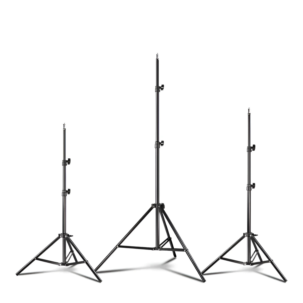 Black retractable mobile phone tripod with 1.1m, 1.6m, and 2.1m heights, metal ABS nylon build, 7kg load.