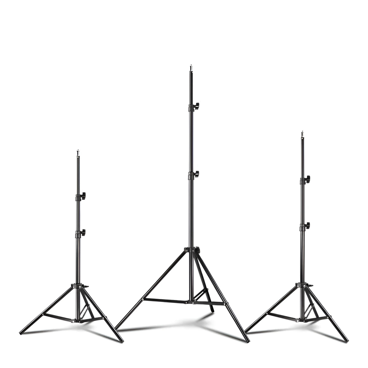 Black retractable mobile phone tripod with 1.1m, 1.6m, and 2.1m heights, metal ABS nylon build, 7kg load.