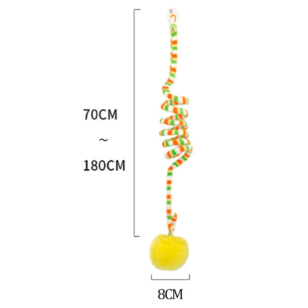 Hanging spring cat toy with bell and inflatable ball attached to window by suction cup