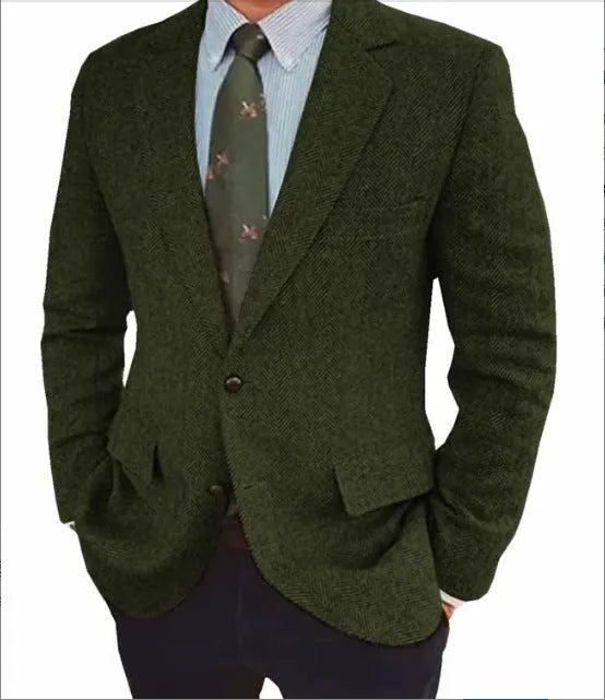 Men's brown herringbone pattern suit jacket with long sleeves and a retro business casual style.