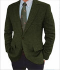Men's brown herringbone pattern suit jacket with long sleeves and a retro business casual style.