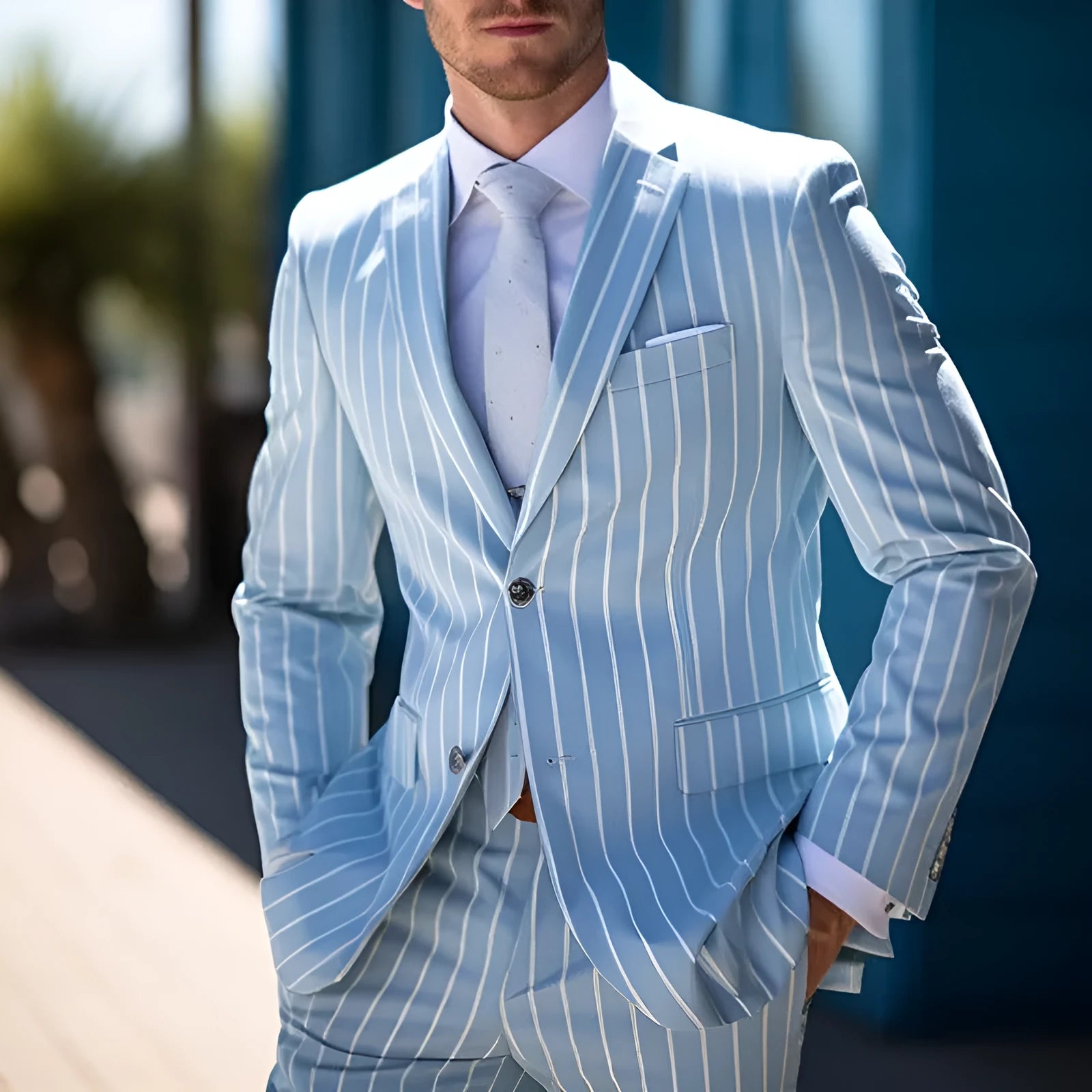 Men's blue and white button British style printed suit jacket with straight hem