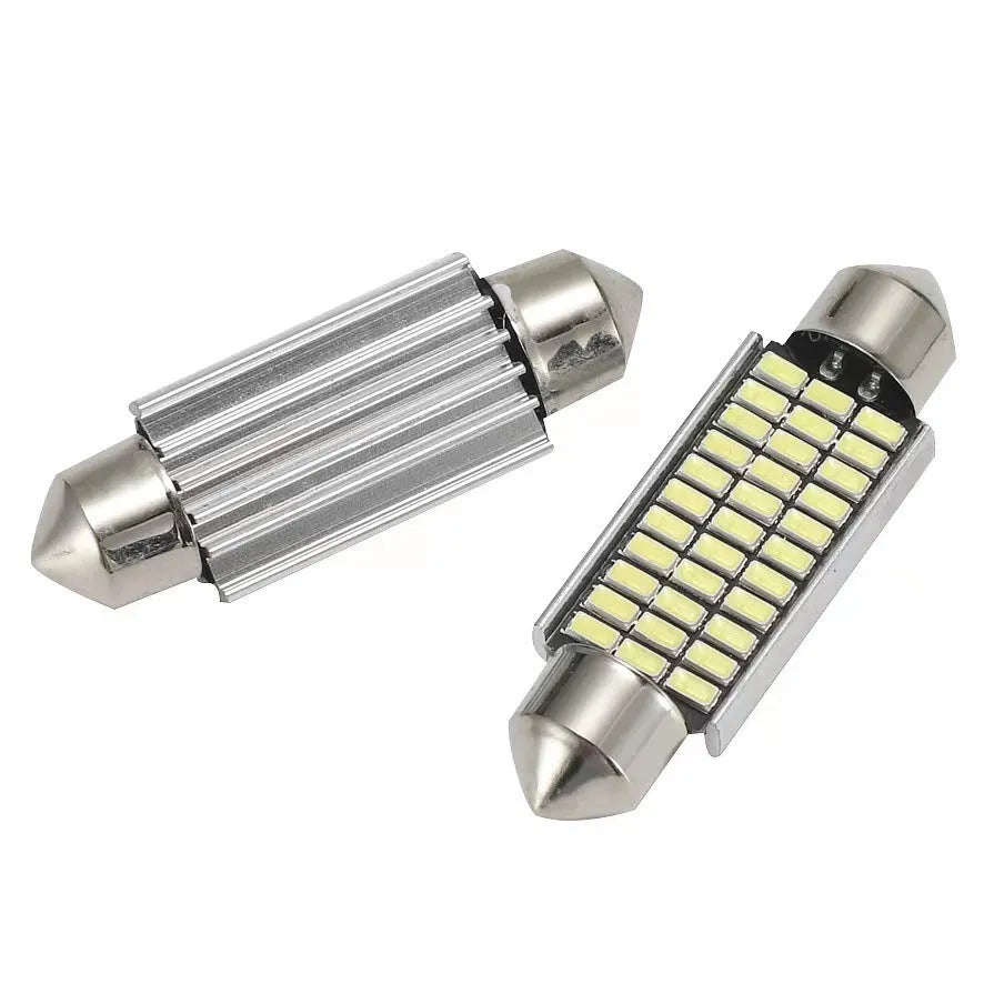 Car interior LED decoder light with aluminium housing and double-tip metal connector in white.