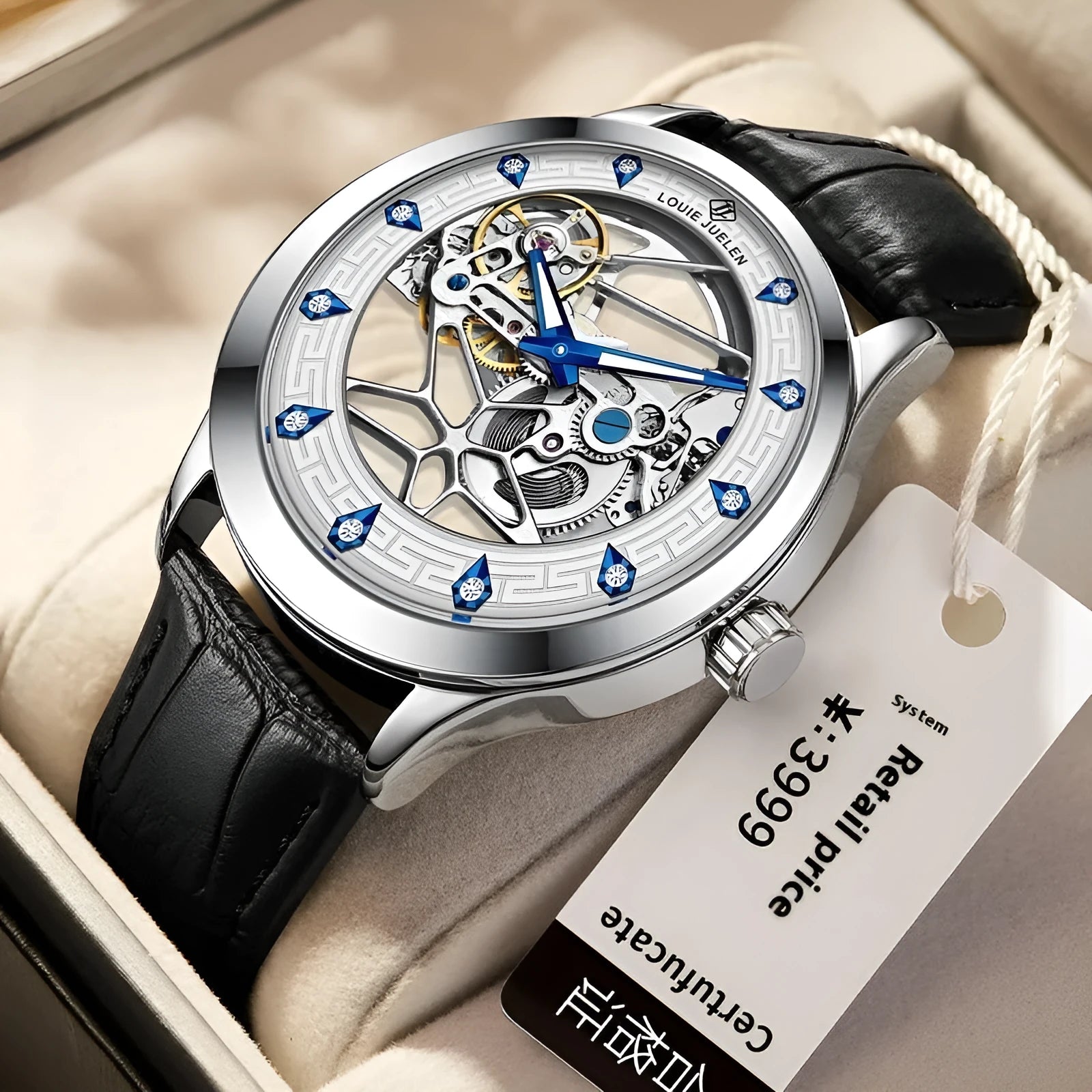 Men's silver mechanical watch with white dial, blue luminous hands, black leather strap, and waterproof construction
