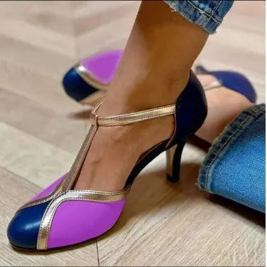 Women's round toe high heel shoes with button fastening in artificial PU material