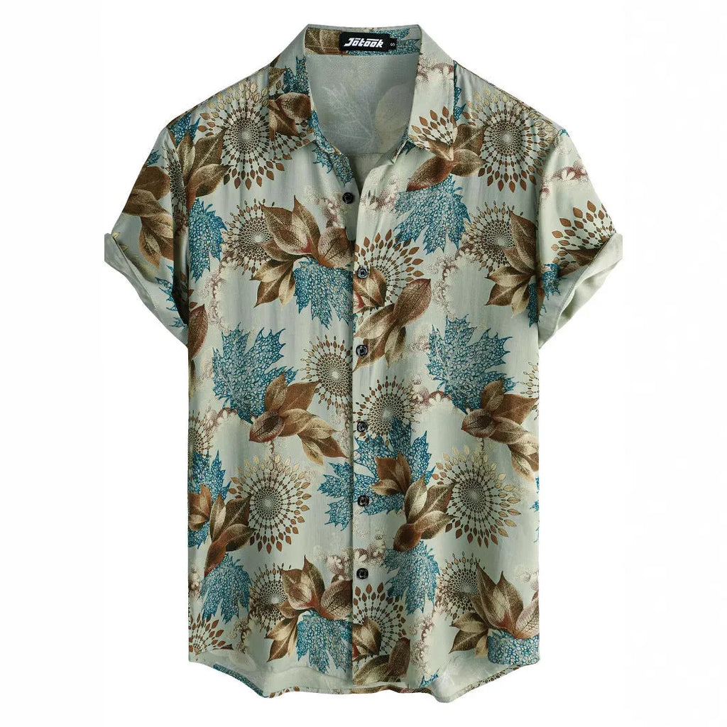 Man wearing a vibrant Hawaiian floral print short sleeve cardigan-style shirt