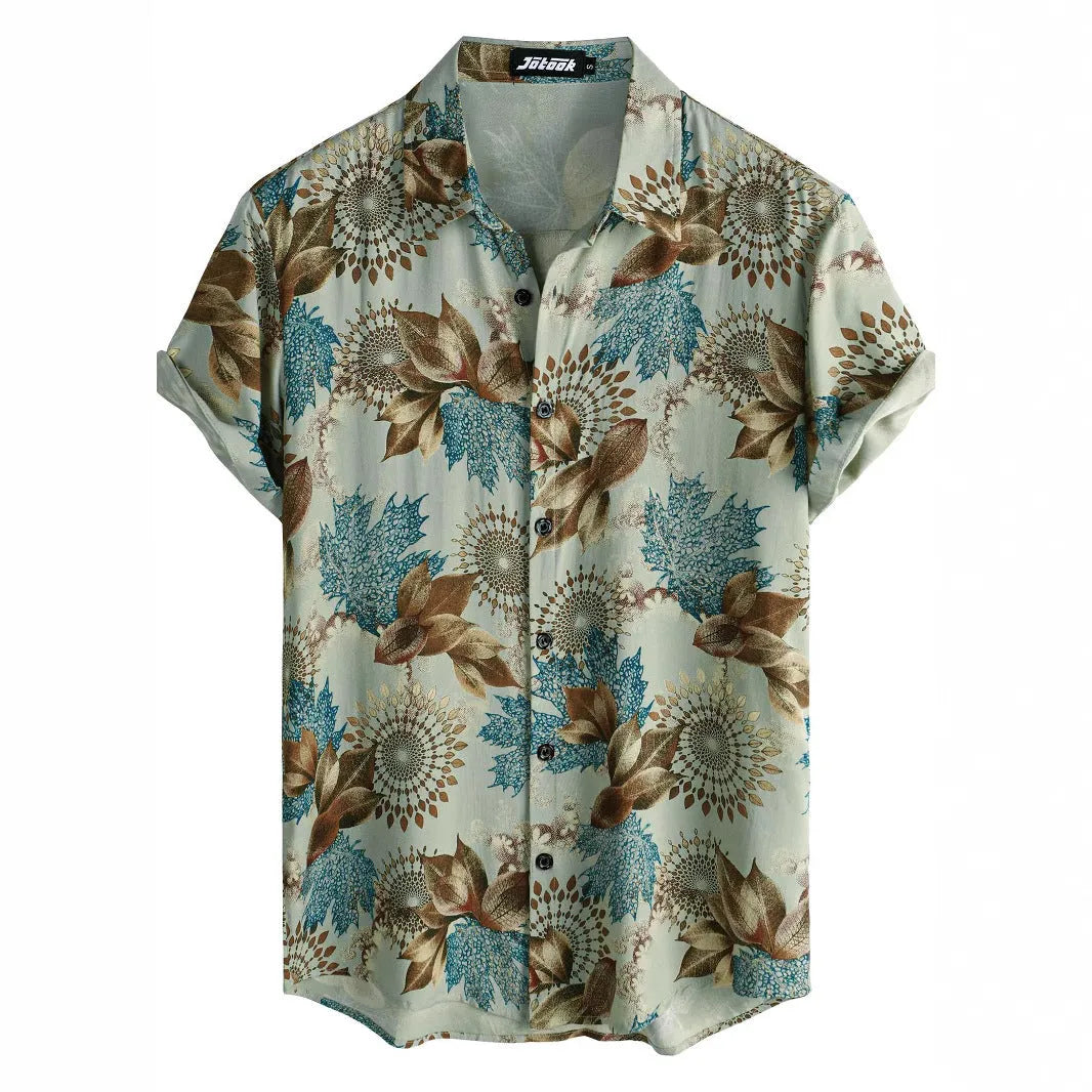 Man wearing a vibrant Hawaiian floral print short sleeve cardigan-style shirt
