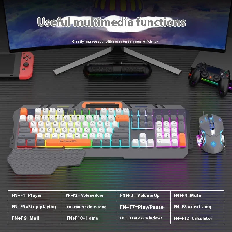Blue wired gaming keyboard and mouse set with backlit keys on a desktop