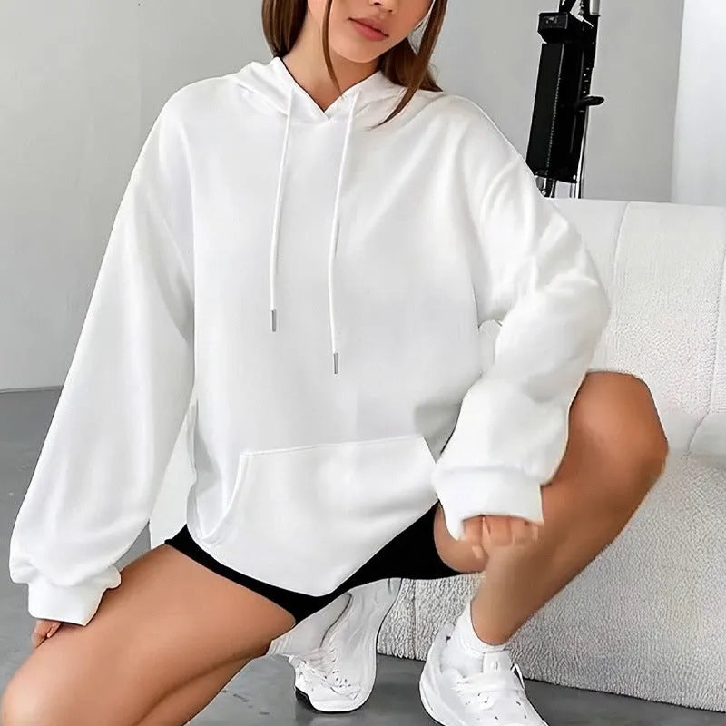 Women's loose drawstring pocket sweatshirt in polyester fabric with long sleeves