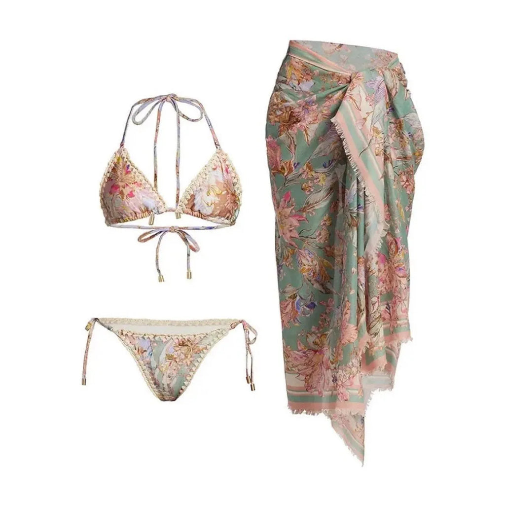 Women's creamy-white floral bikini set with matching skirt in nylon fabric