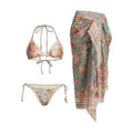 Women's creamy-white floral bikini set with matching skirt in nylon fabric