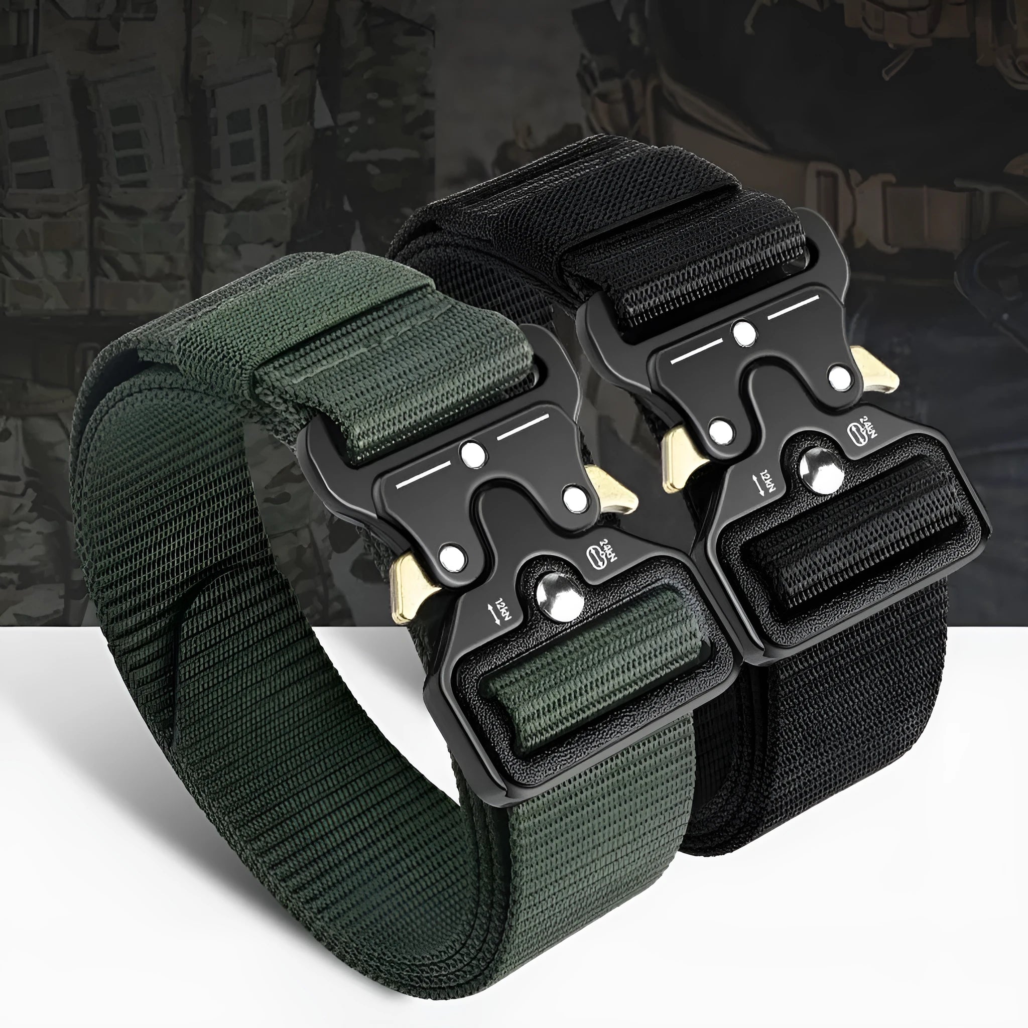 Men's canvas tactical belt in Army Green with an alloy release buckle, showing weave detail and length.
