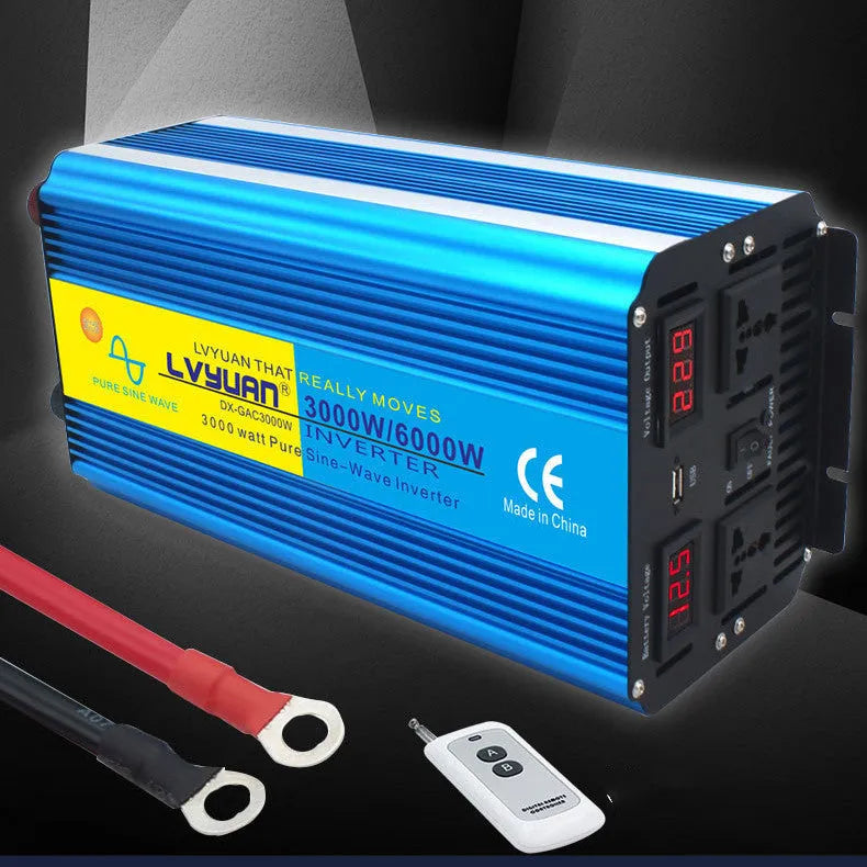 Blue 3000W pure sine wave car power inverter with digital displays and UK sockets