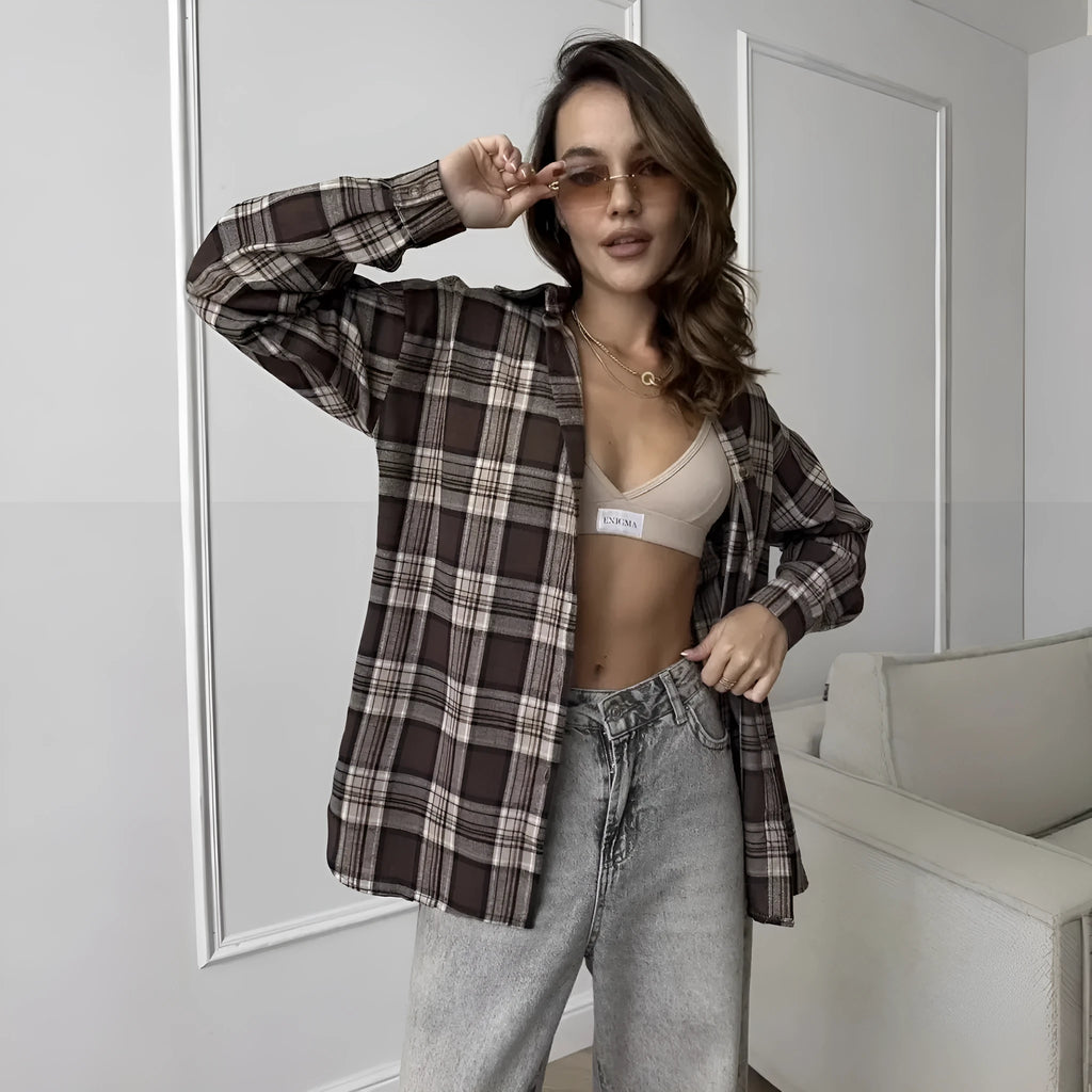 Dark brown women's retro striped long sleeve cotton shirt shown with and without a chest pocket.