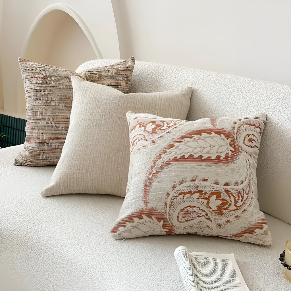 American-style jacquard pillow cover with botanical paisley pattern in amber colours