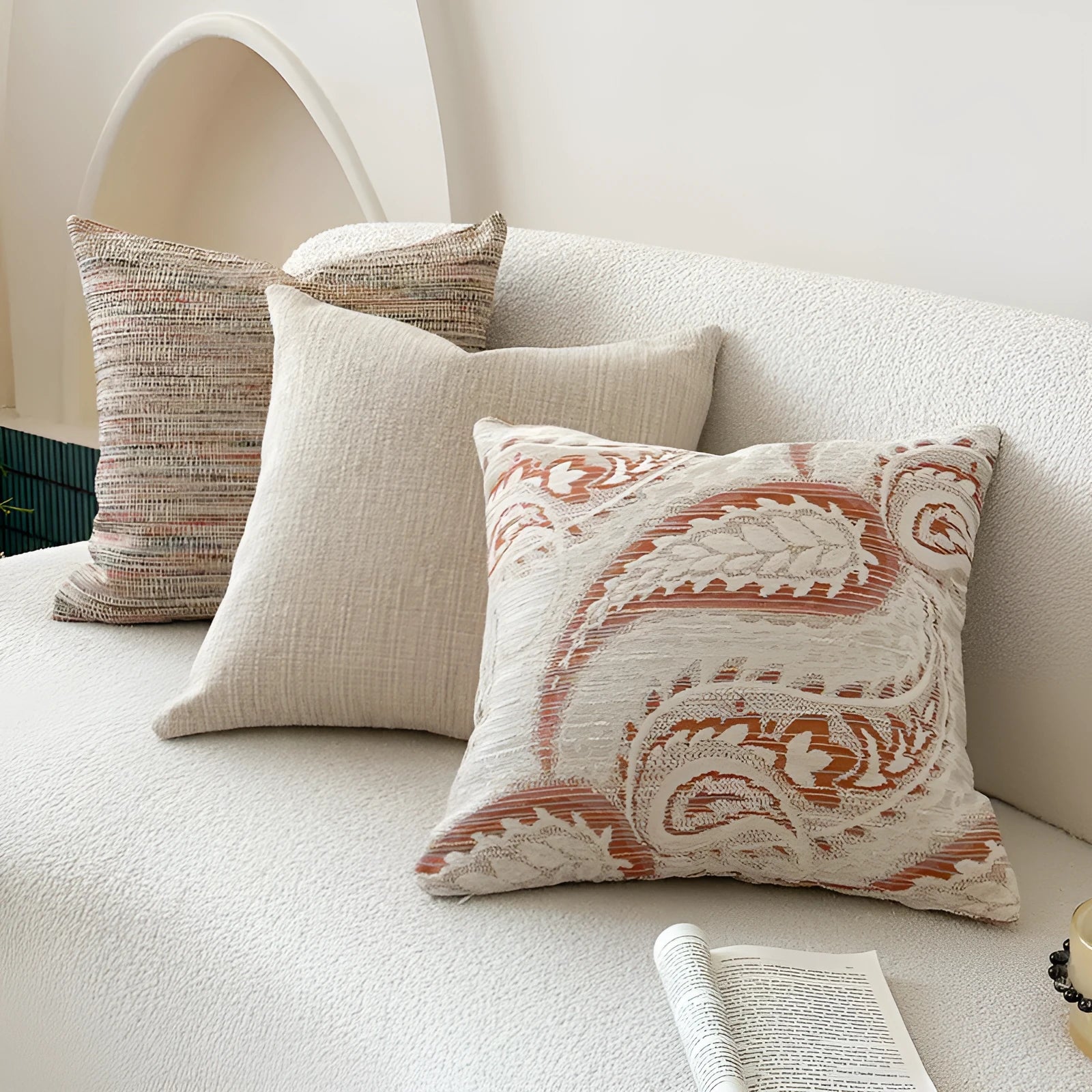 American-style jacquard pillow cover with botanical paisley pattern in amber colours