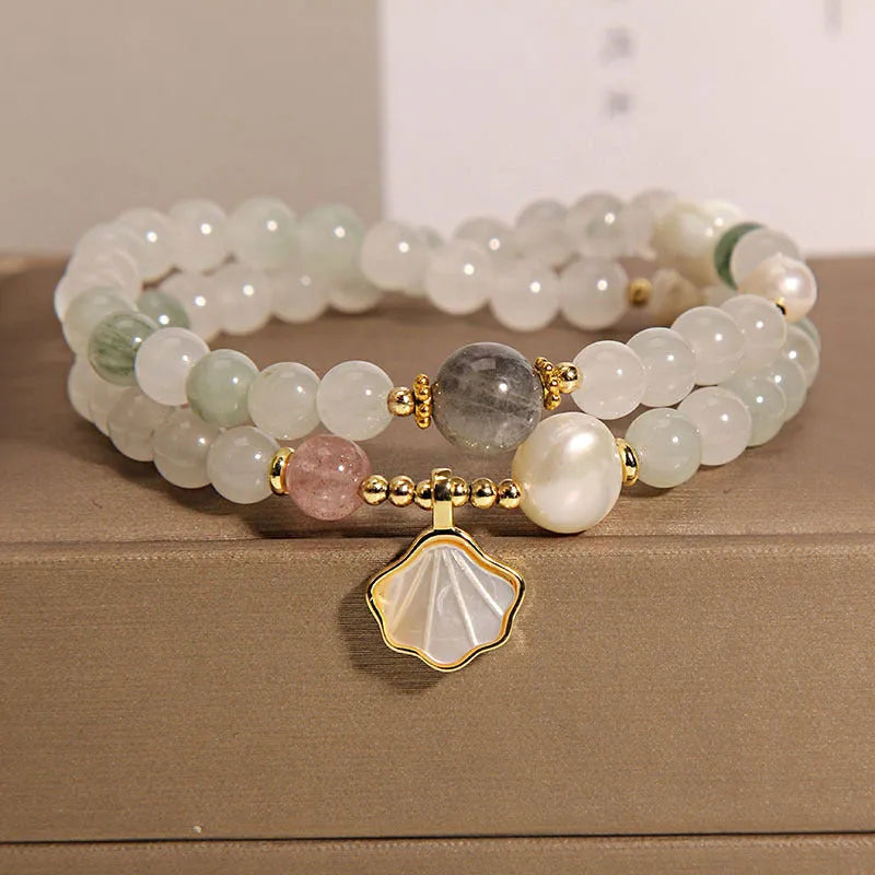 Women's crystal bracelet with Tianshan jade ginkgo leaf pendant, gold-plated artificial gemstone inlay, and rhinestones