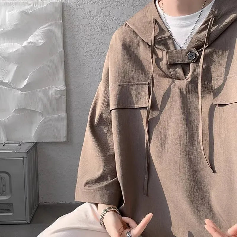Men's plus size hooded short sleeve t-shirt in loose fit polyester for summer