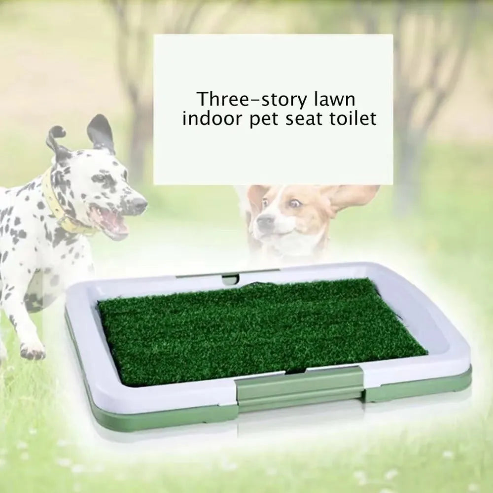 Green artificial grass dog toilet patch measuring 69cm square with three-layer construction for indoor pet training