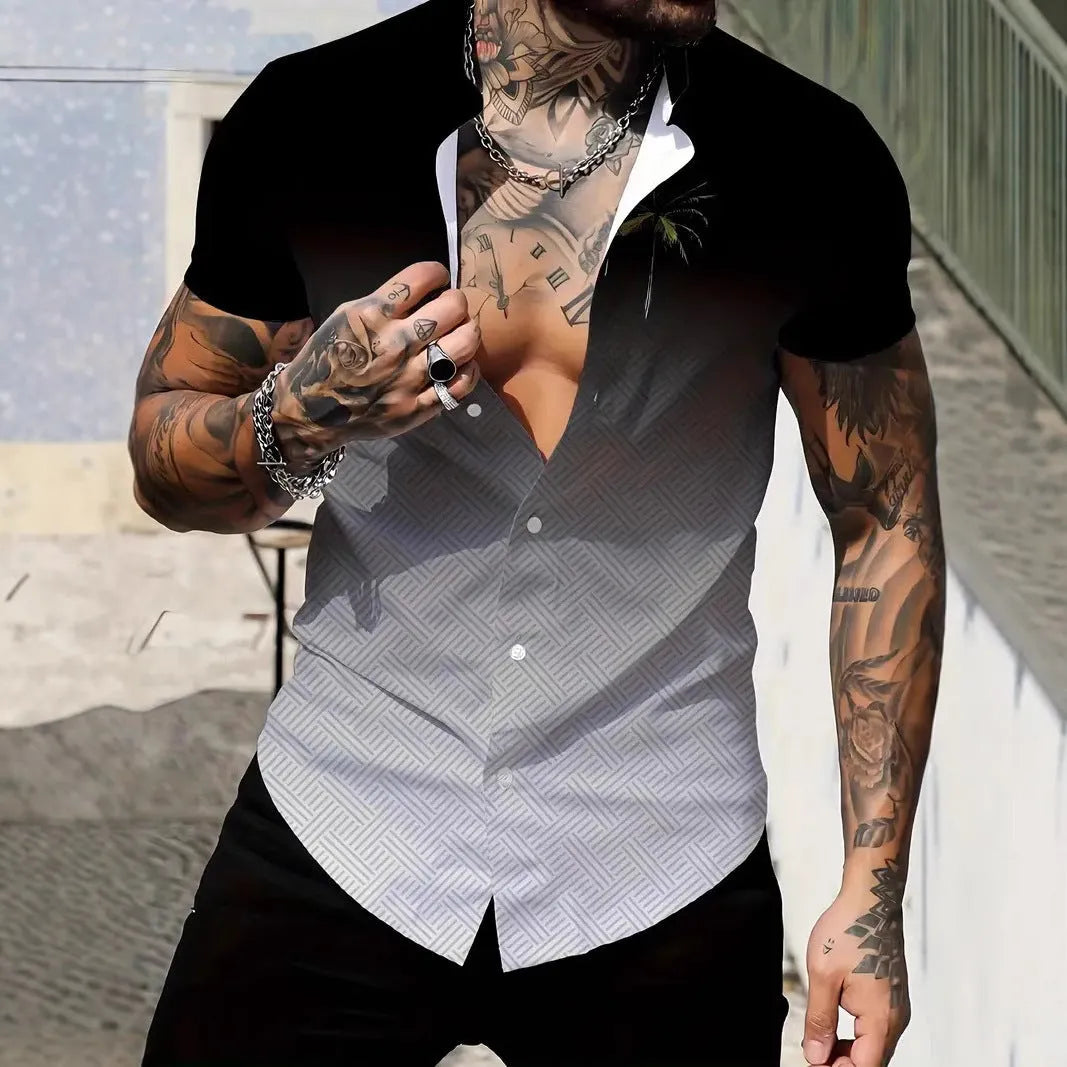 Men's slim fit short sleeve shirt featuring a geometric line style print on the lapel.